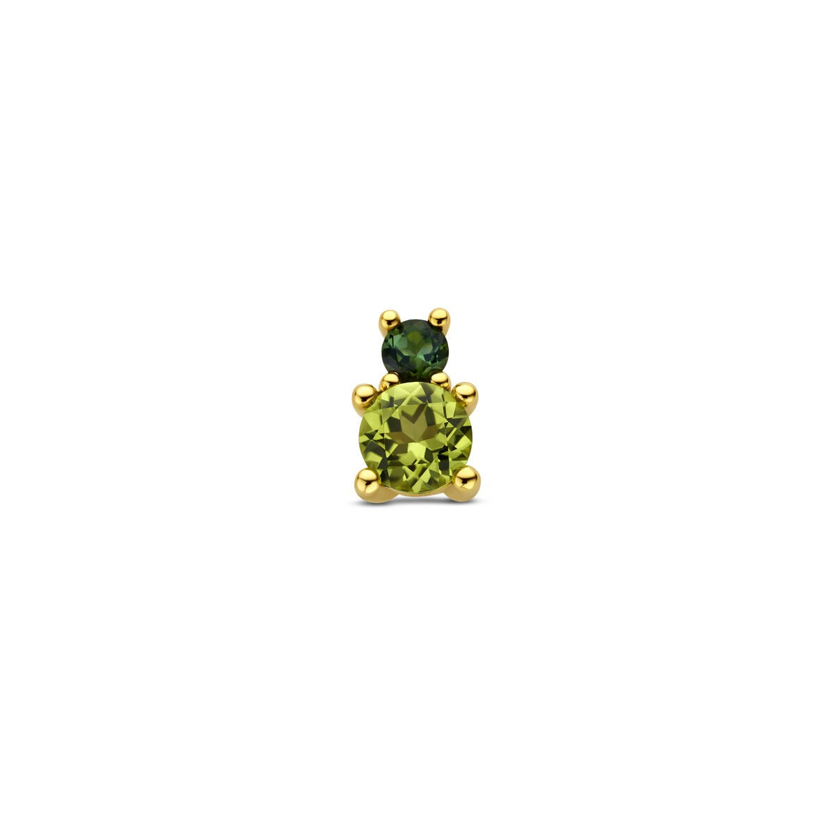 Colgante de oro amarillo de 14k con peridoto y turmalina verde, con dos piedras preciosas redondas.