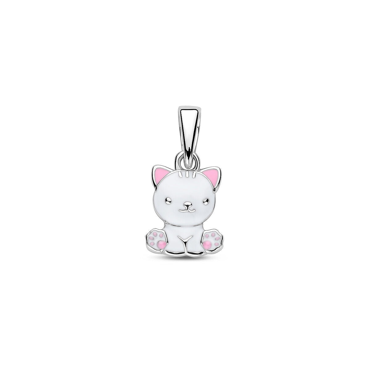 Colgante de gato en plata de ley 925 con esmalte, acabado en rodio y detalles en rosa.