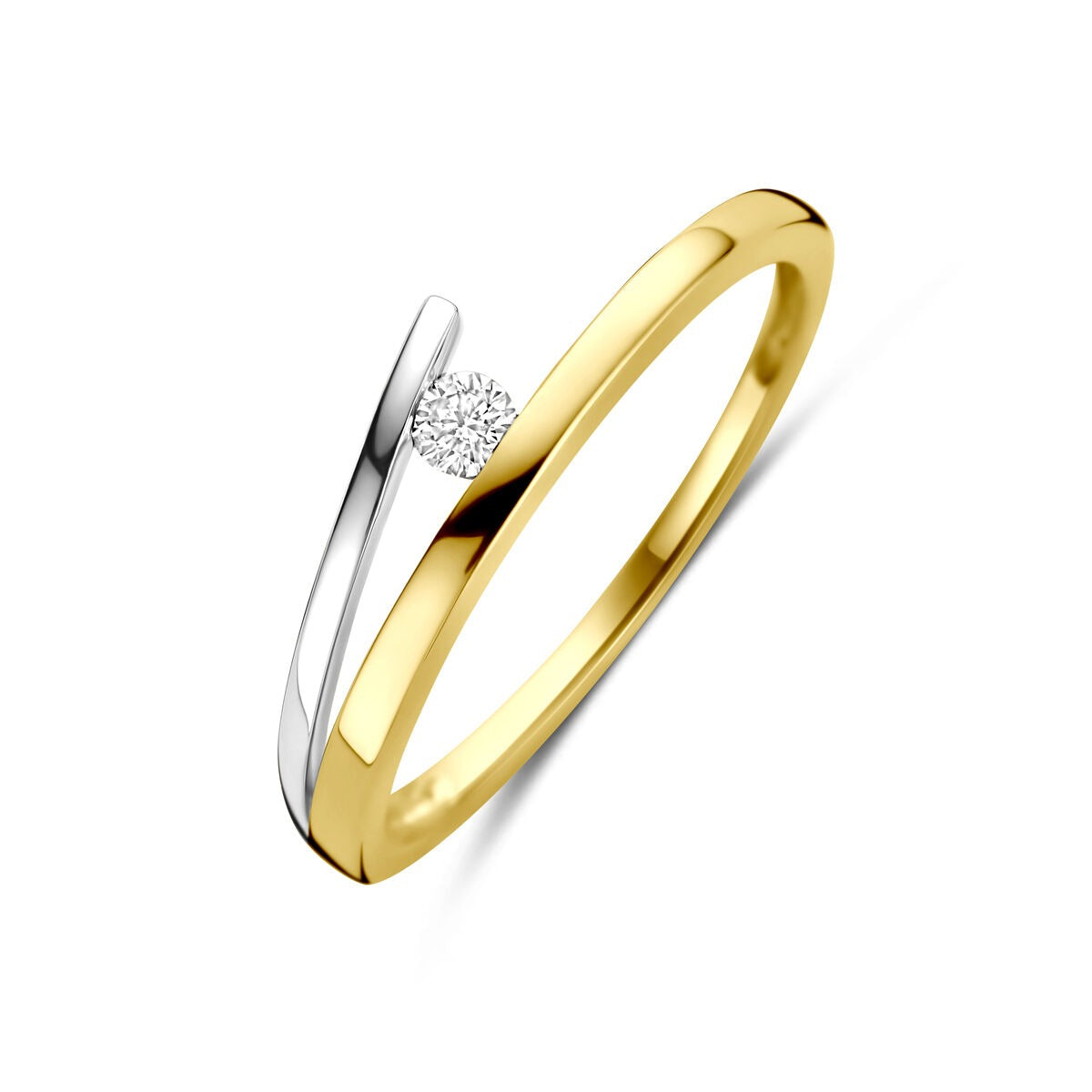 Anillo bicolor de dama en oro de 14k con diamante, con diseño elegante en oro amarillo y blanco.