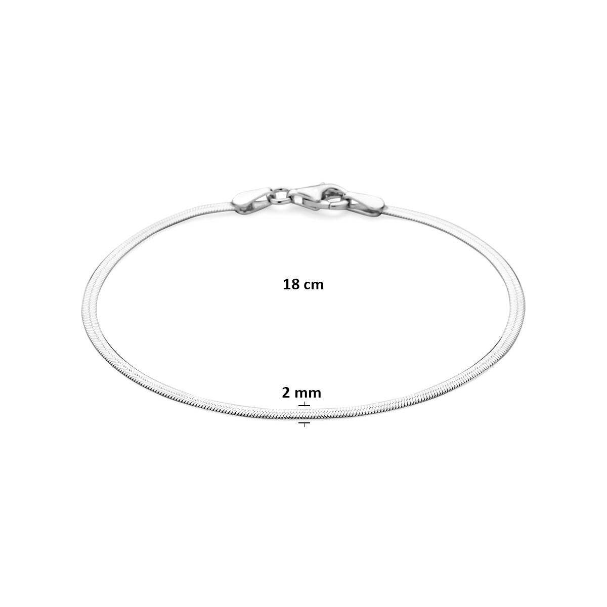 pulsera de serpiente plana 2 mm 18 cm plata rodiada