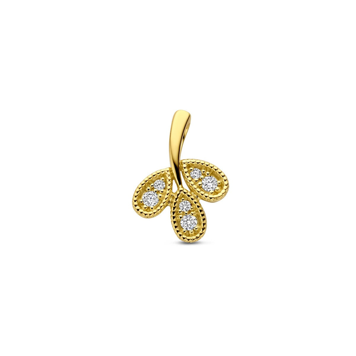 Colgante de oro amarillo de 14k con diamantes en forma de gotas.