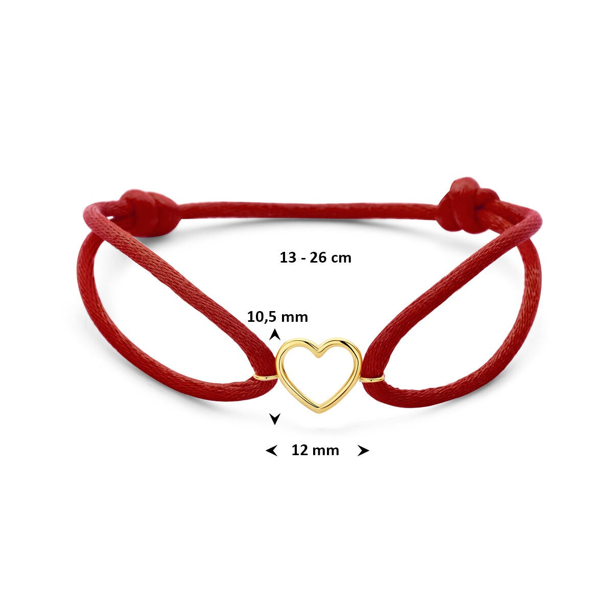Pulsera de satén rojo con corazón de oro amarillo de 14k