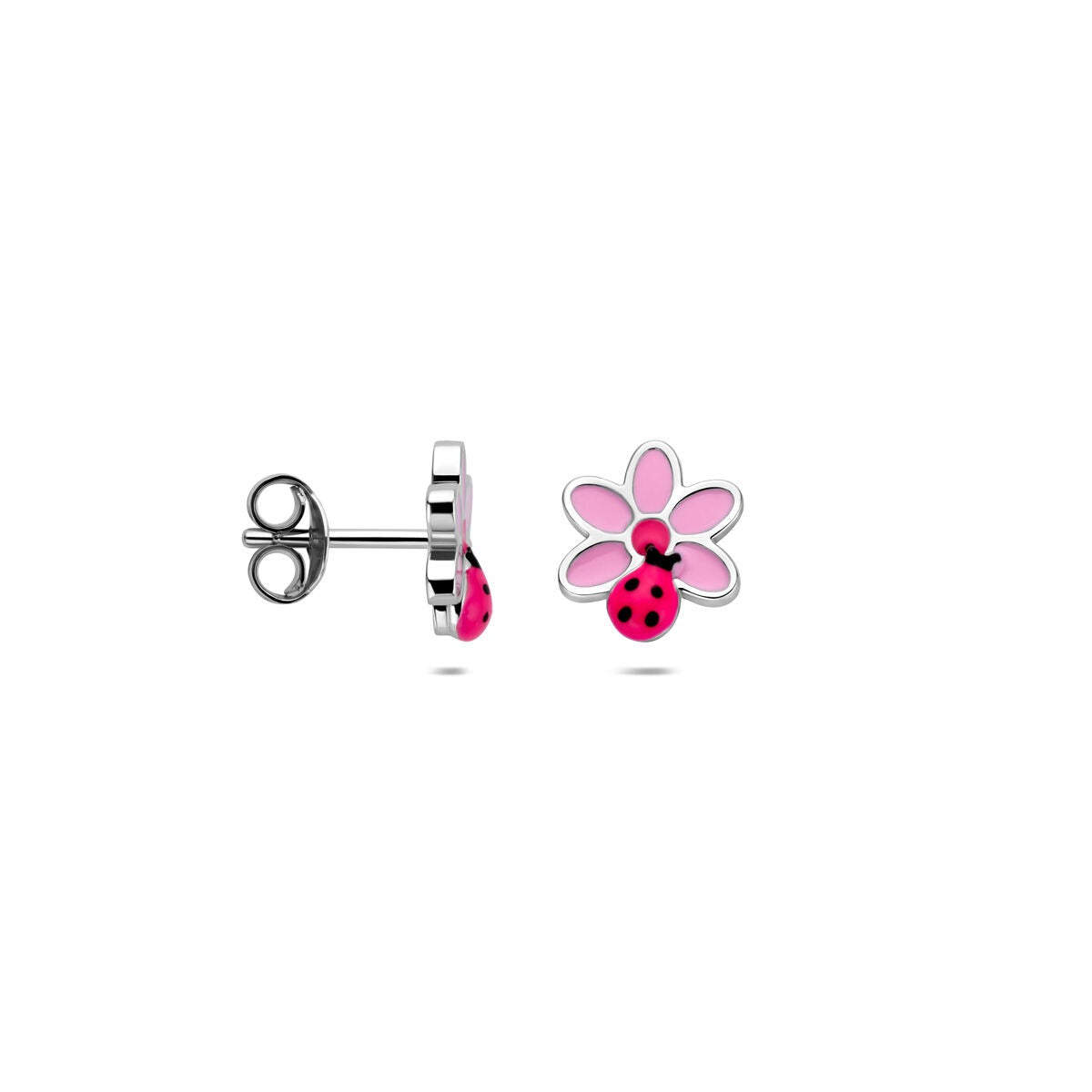 Pendientes infantiles de plata 925 rodiados con flor y mariquita