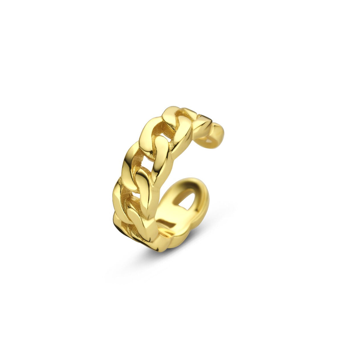 Ear cuff dorado en forma de cadena, con acabado brillante y diseño moderno.