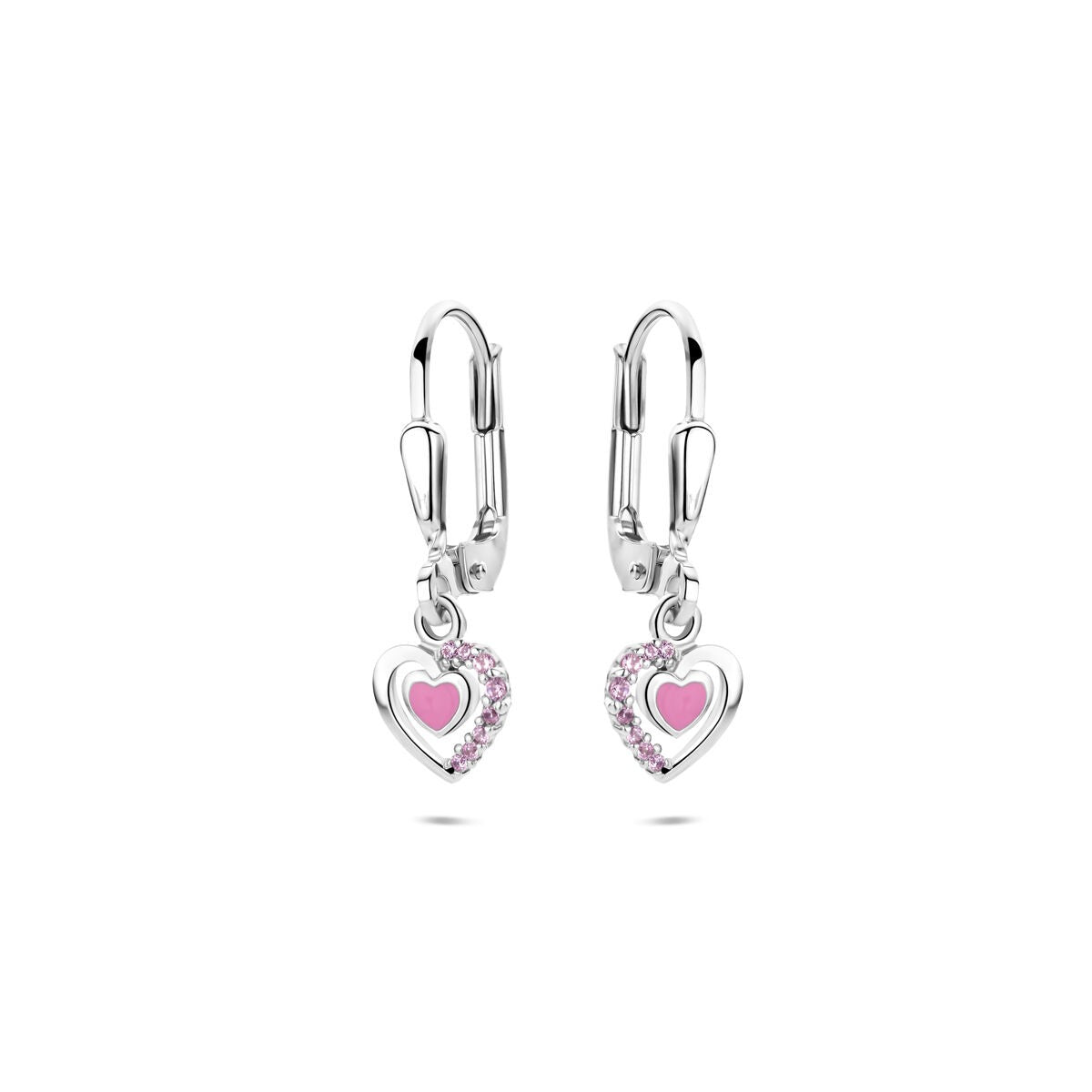 Pendientes largos de plata con corazón de esmalte y circonitas rosas, de 21 mm.