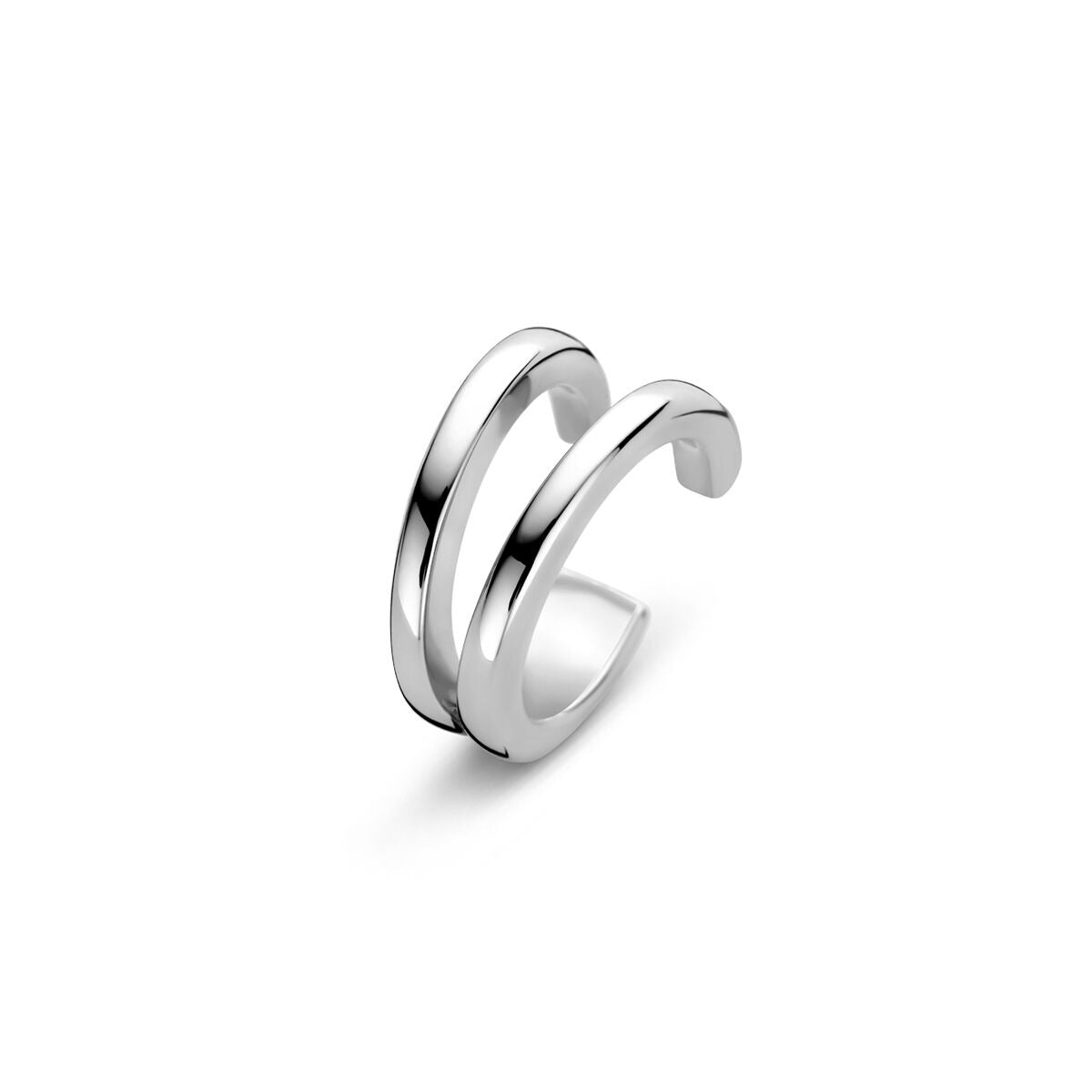 Ear cuff de plata rodiada con diseño minimalista de dos bandas.