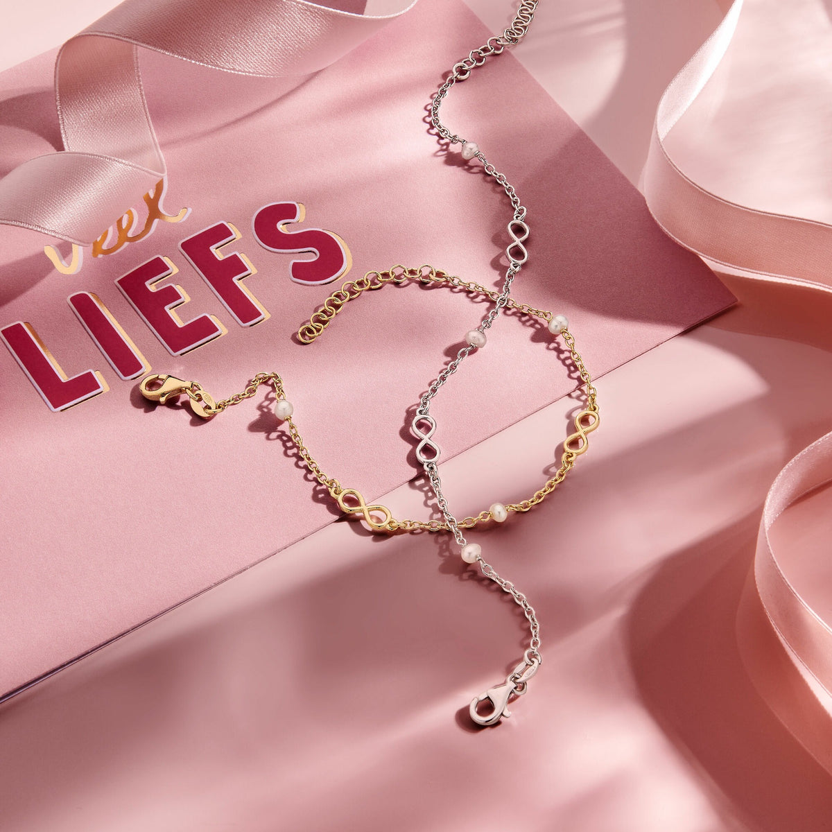 Pulsera de amistad de plata con perlas y colgante de infinito – plata 925 rodiada