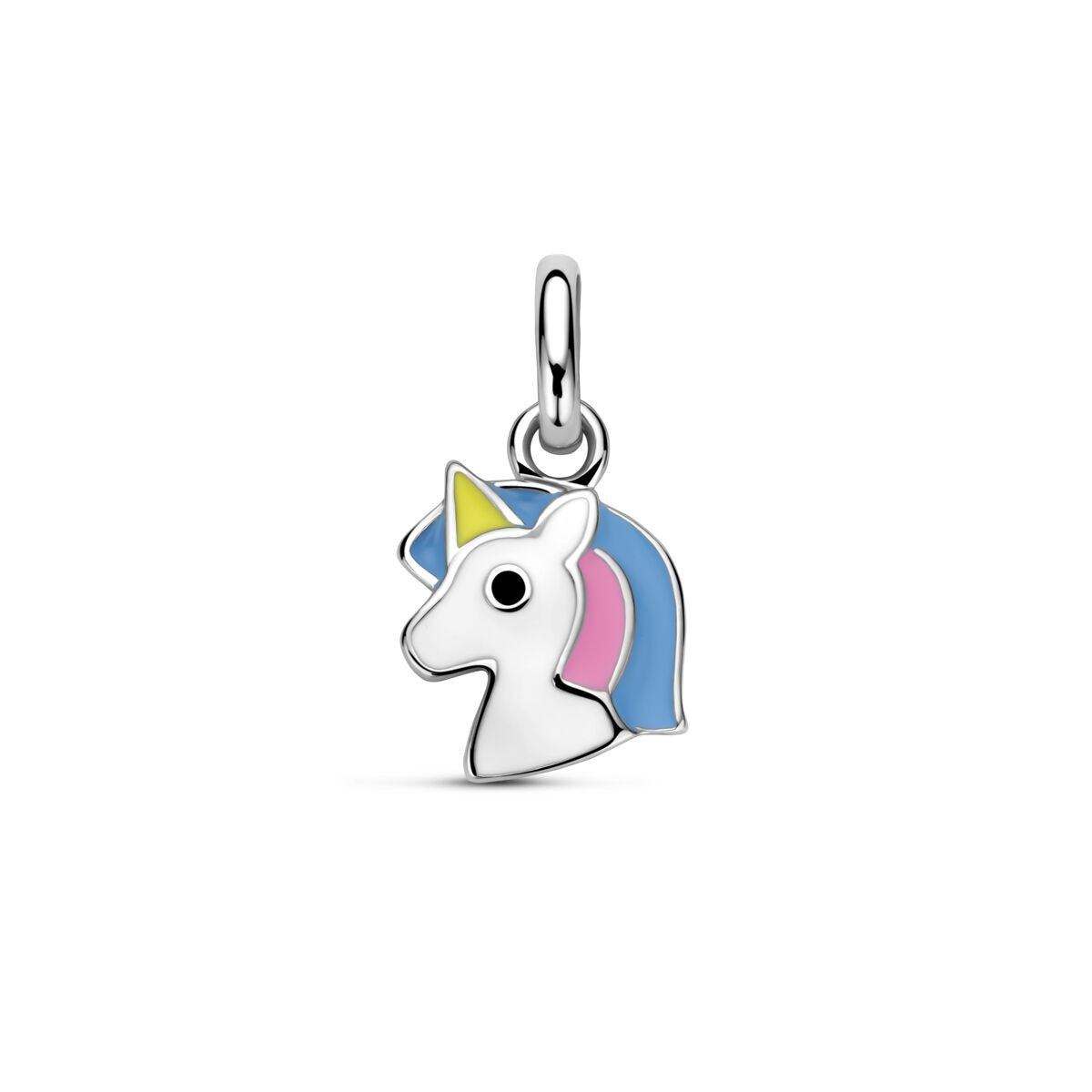 Colgante de unicornio en plata con esmalte, mide 10 x 8 mm.