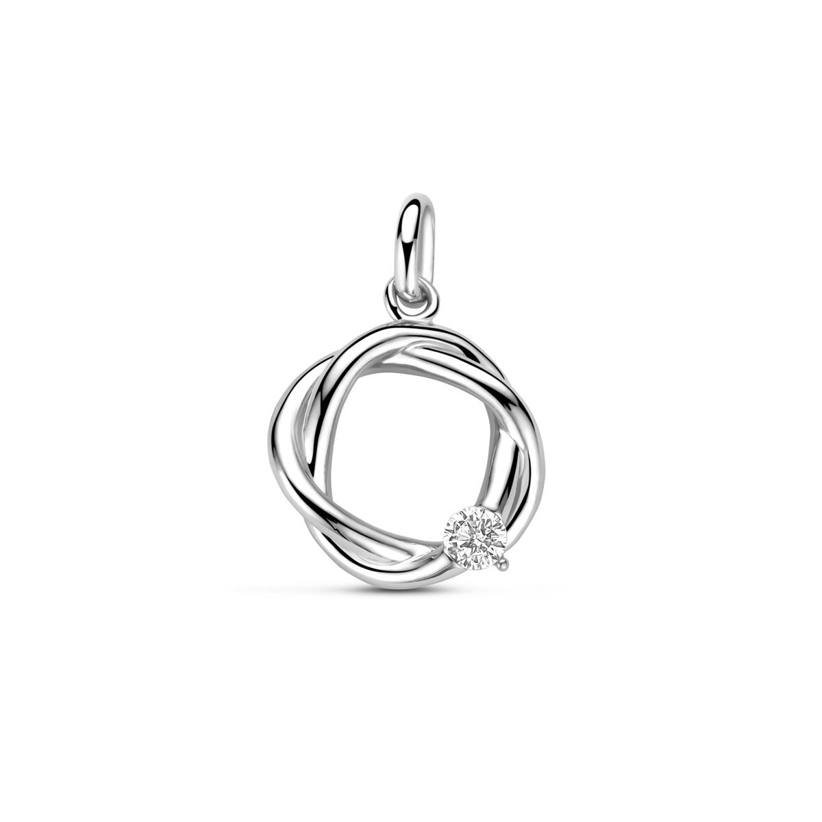 Colgante de plata rodiada con zircón, en forma de lazo entrelazado.