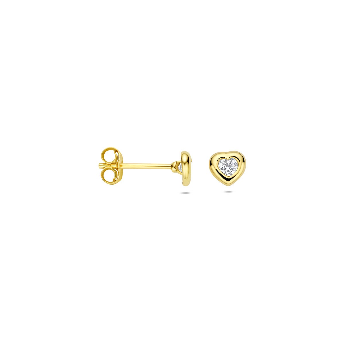 Pendientes de botón de oro amarillo con corazón y circonitas – 14k