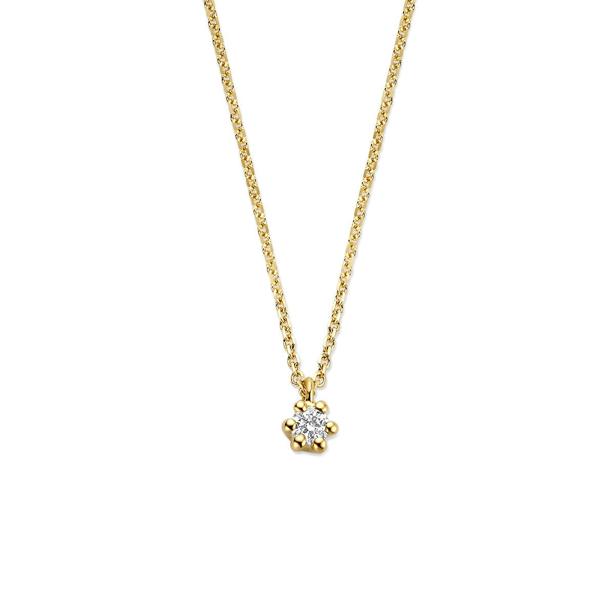Geelgouden ketting met een lab grown diamant als hanger, met een fijne schakel.