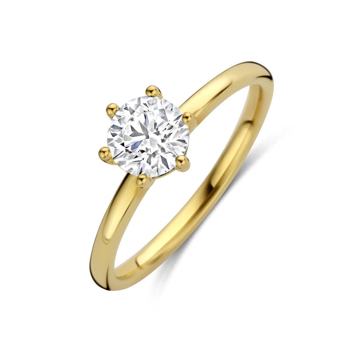 Anillo de dama en oro amarillo de 14k con diamante cultivado en laboratorio, diseño sencillo y brillante.
