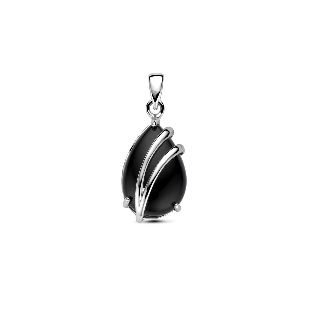 Colgante de plata rodiada con ónix en forma de gota y detalles en plata.