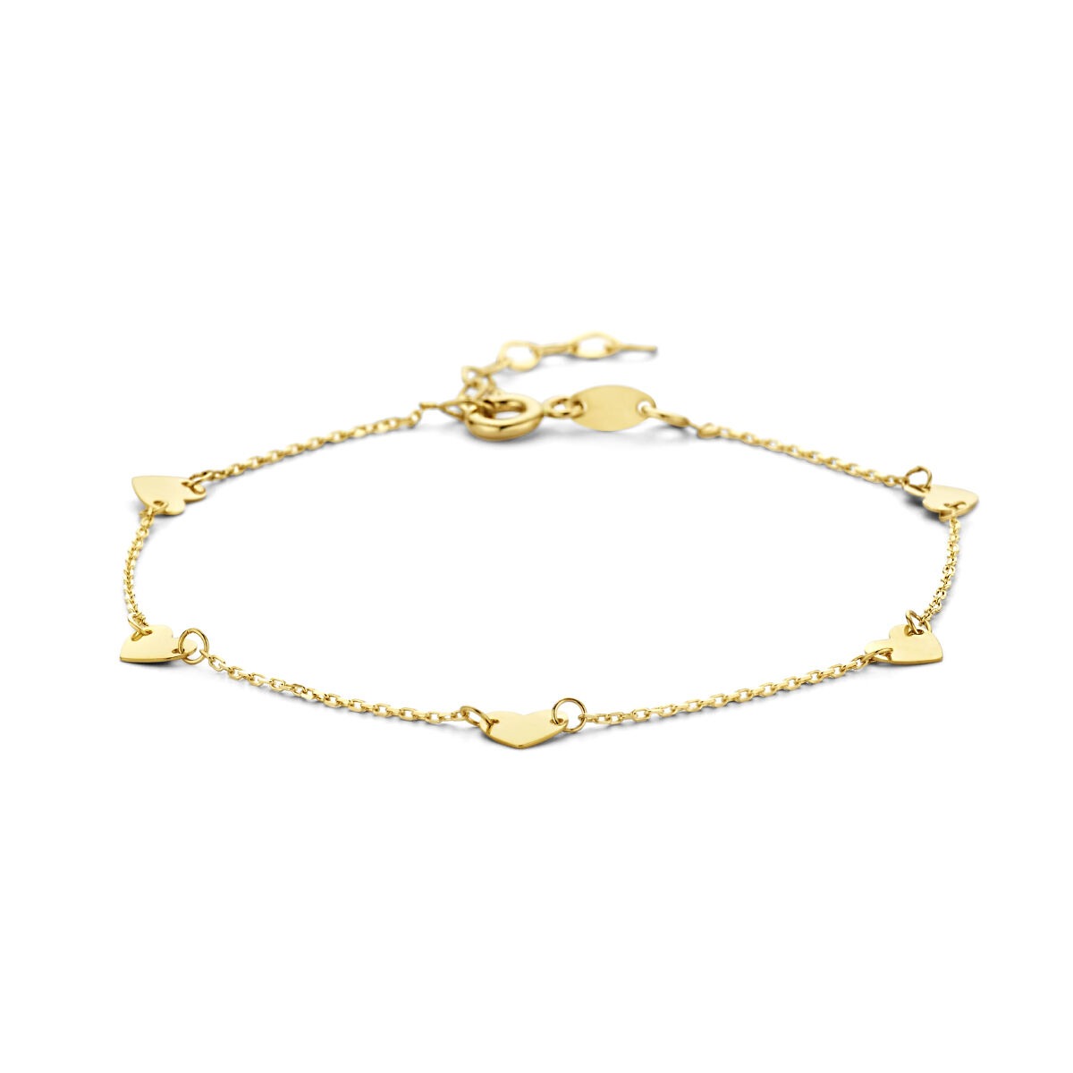 Pulsera de corazón en oro amarillo de 9 quilates con detalles en forma de corazón.