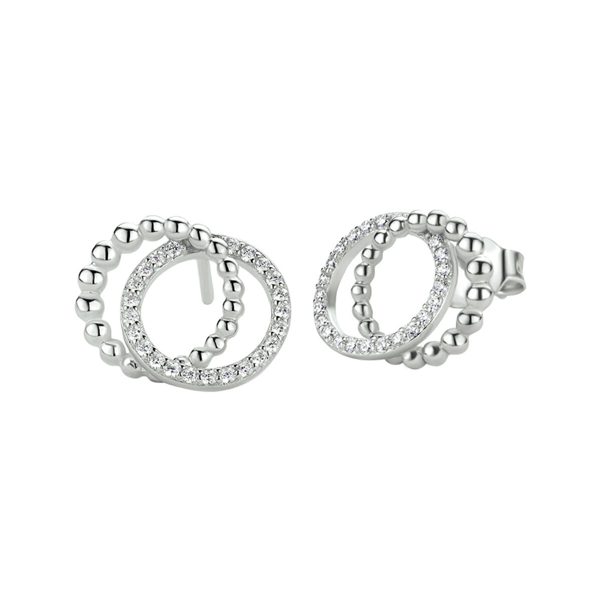 Pendientes de plata con circonitas, diseño de dos aros entrelazados y acabado rodiado.