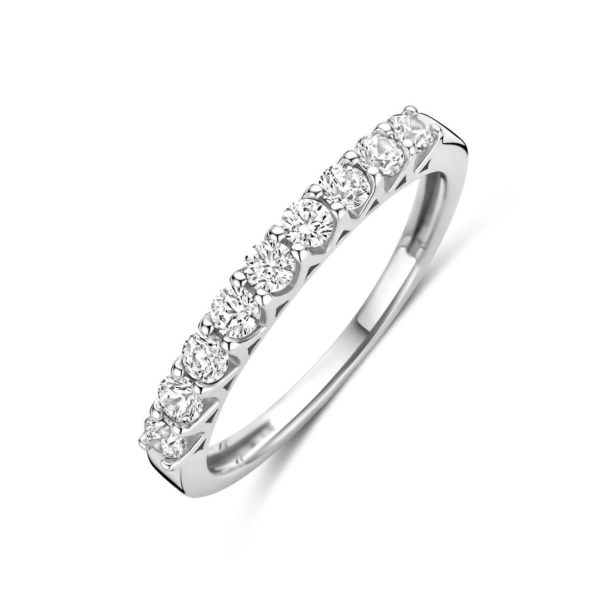 Anillo de plata rodiada con circonitas brillantes en toda su superficie.