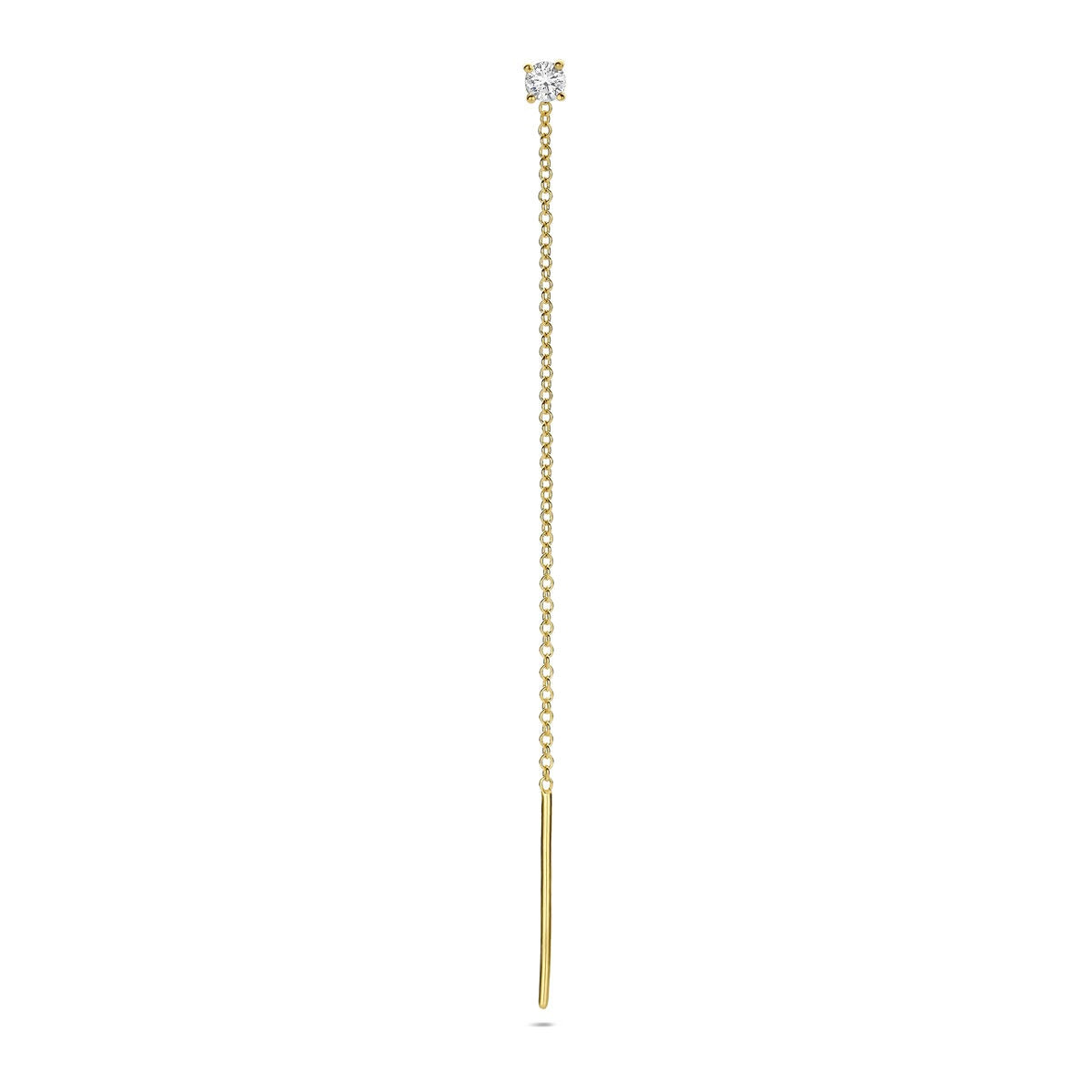 Pendiente largo de oro amarillo de 14k con diamante, diseño minimalista y cadena delicada.