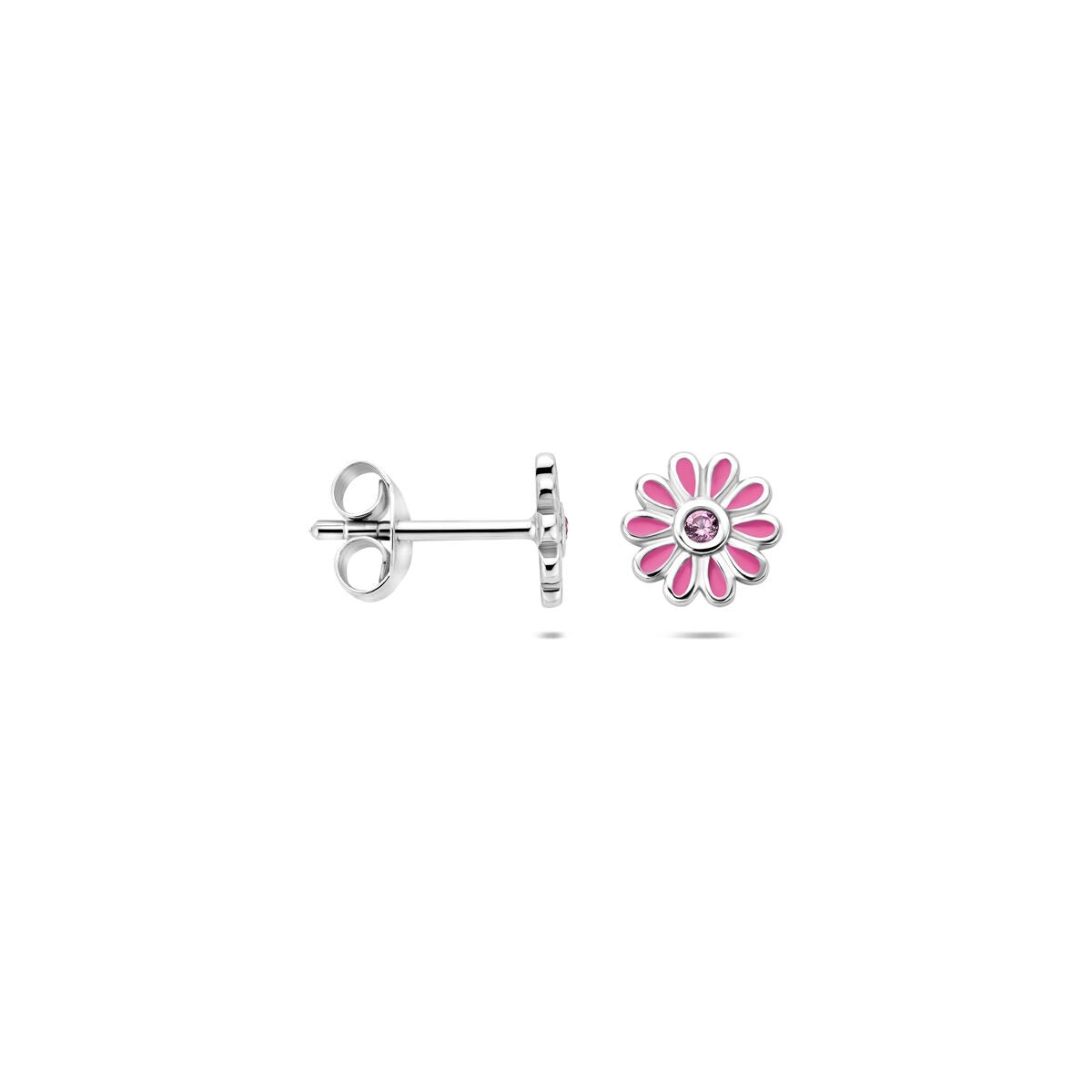 Pendientes de botón de plata con flor y circonita rosa - rodiados