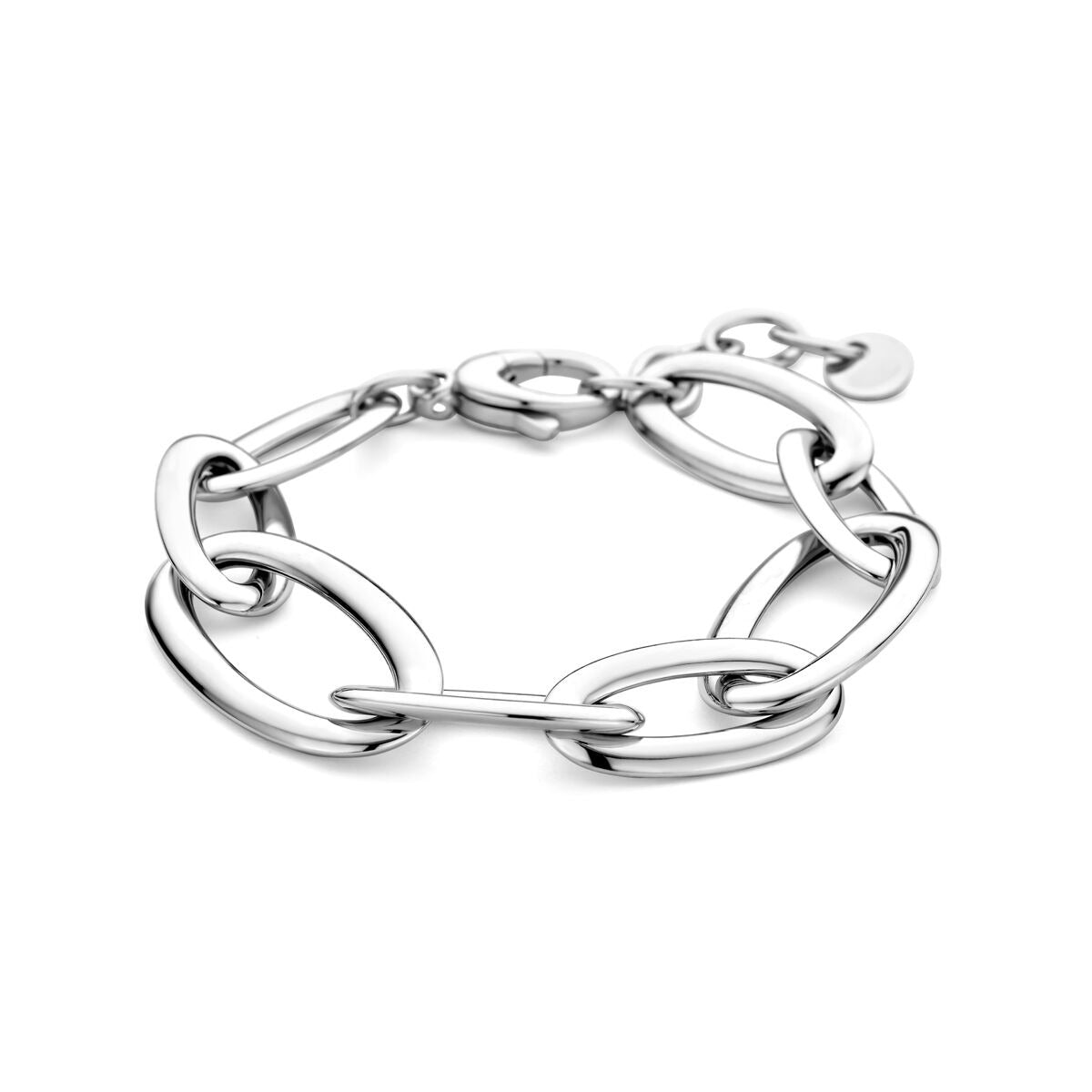 Pulsera de plata rodiada con eslabones anchos en forma de ancla.