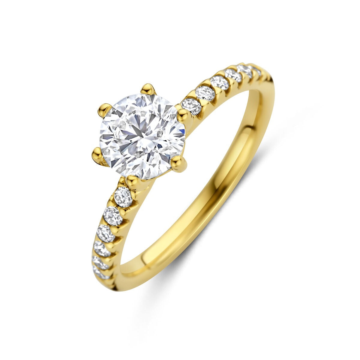 Anillo de dama en oro amarillo de 14k con diamante lab-grown y piedras brillantes en el aro.