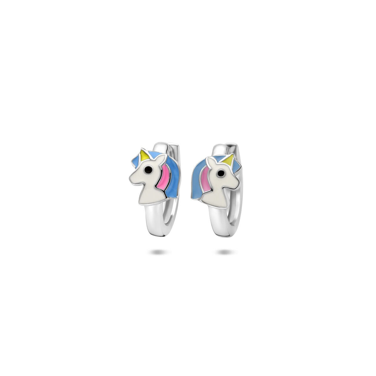 Pendientes de aro plateados para niños con un diseño de unicornio esmaltado, 13 x 6 mm.