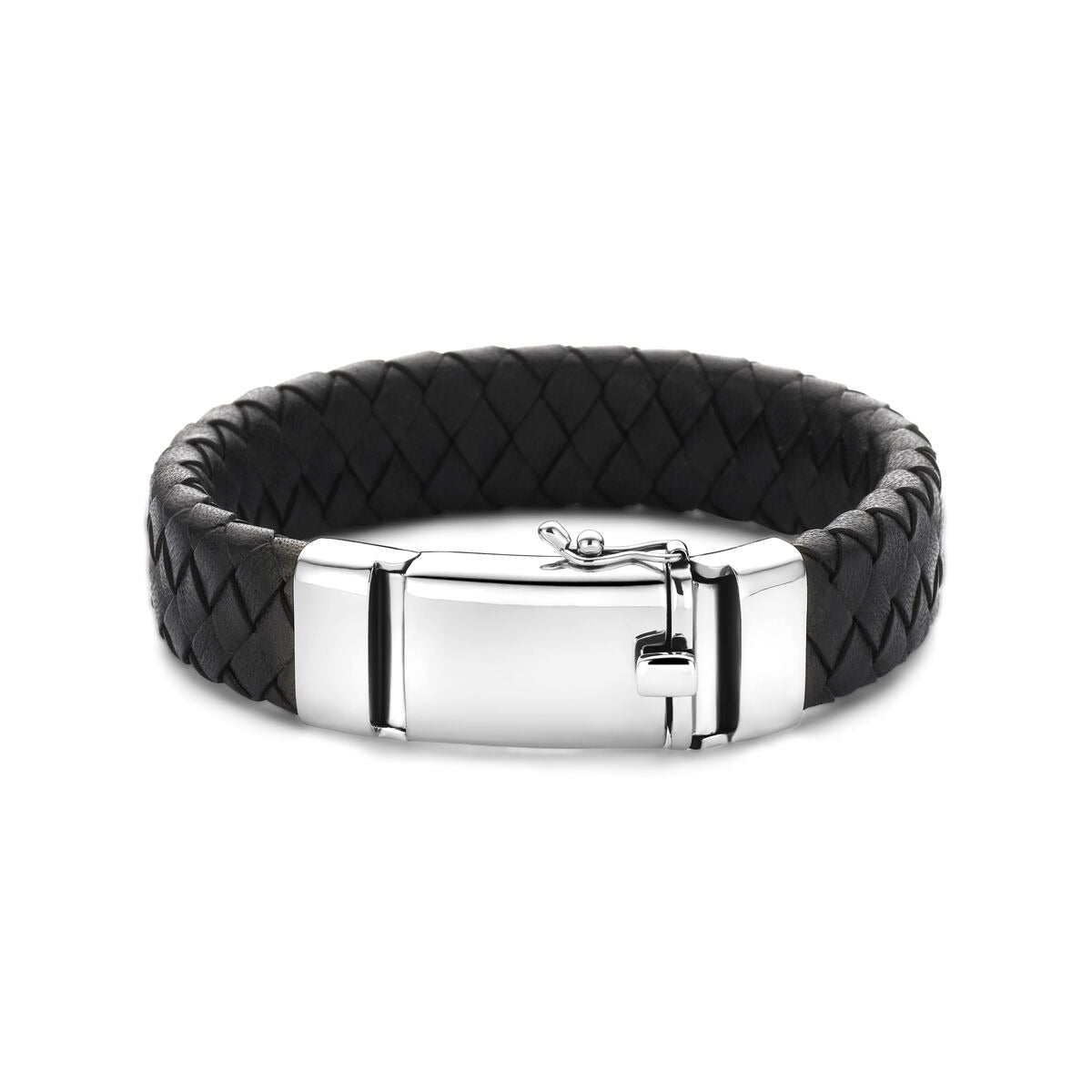 Pulsera de hombre de cuero negra con plata rodiada – 21 cm