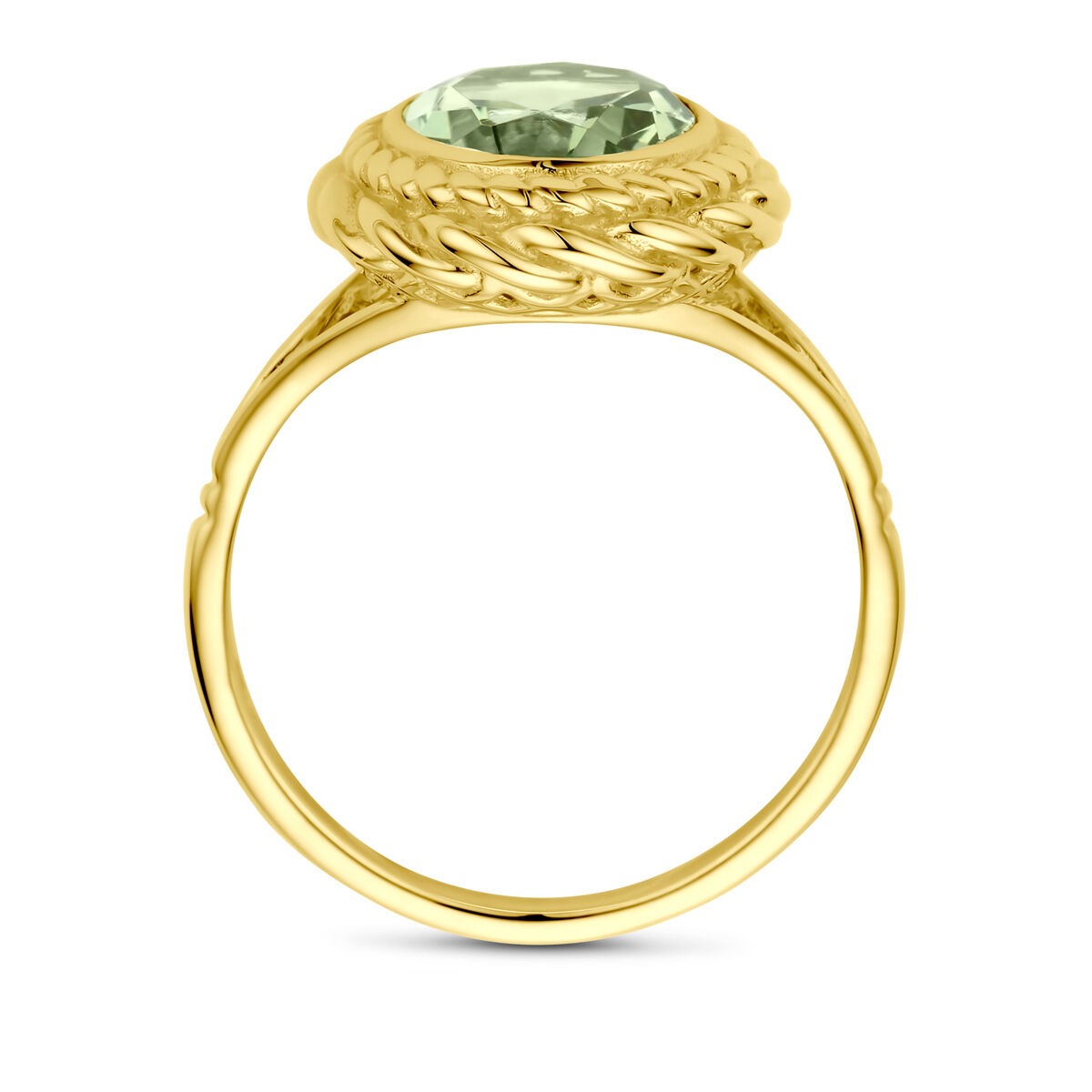 Anillo de oro de 14k con amatista verde en engaste de entourage.