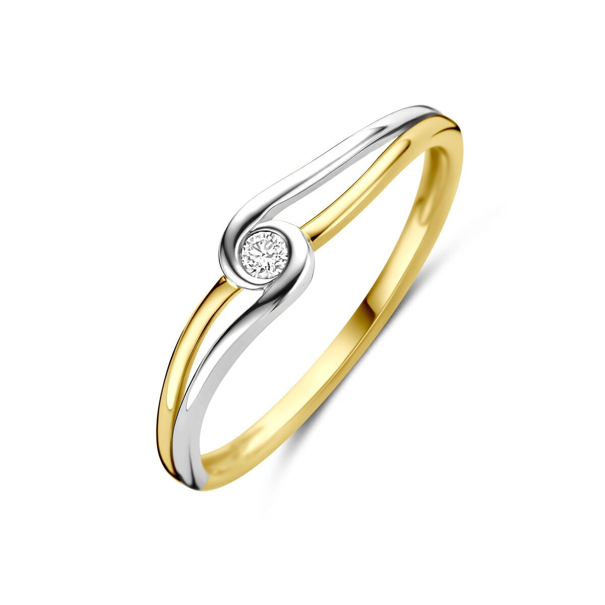 Anillo bicolor de dama en oro de 14k con diamante, con diseño entrelazado en oro amarillo y blanco.