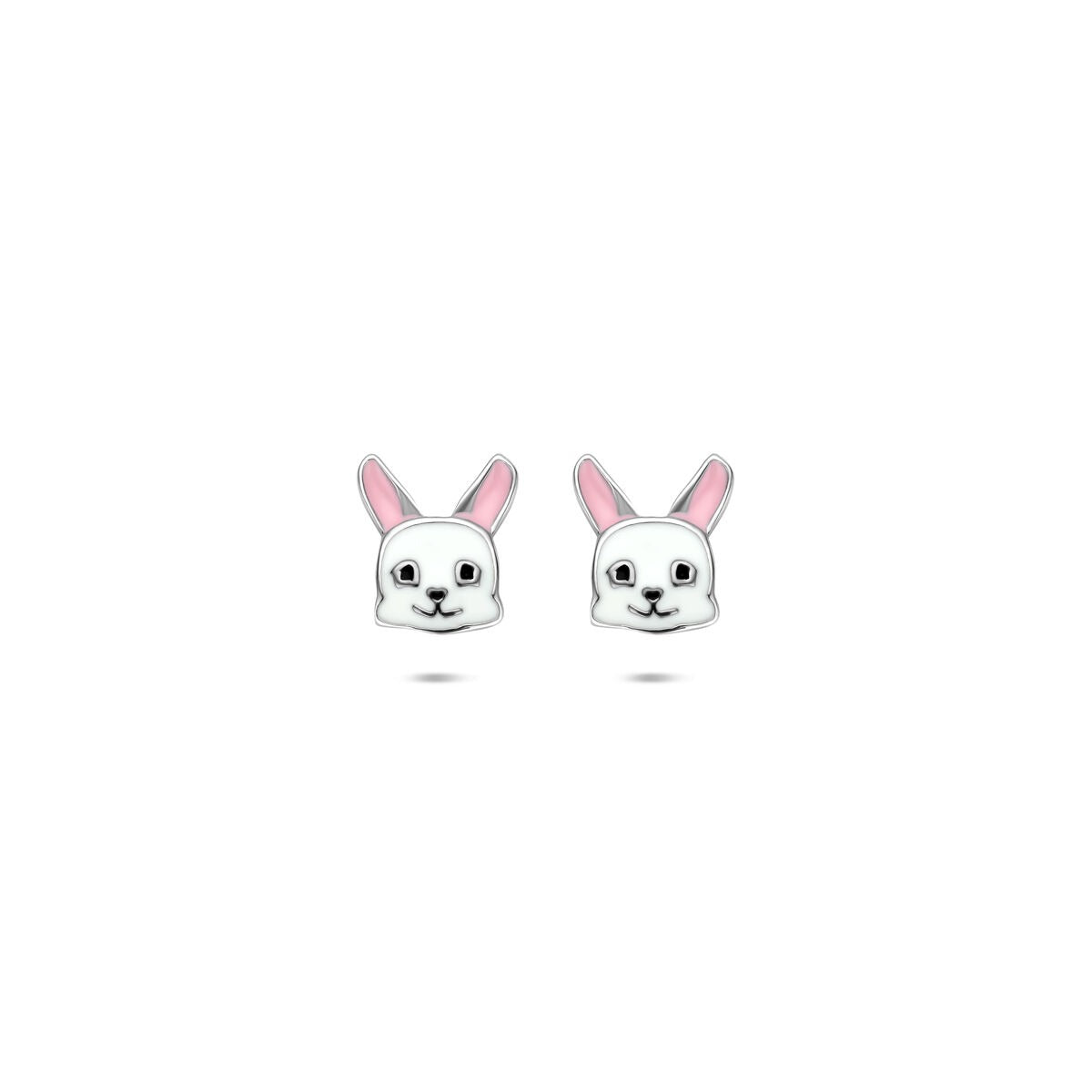 Pendientes de primera puesta de plata con conejito de esmalte en colores blanco y rosa.