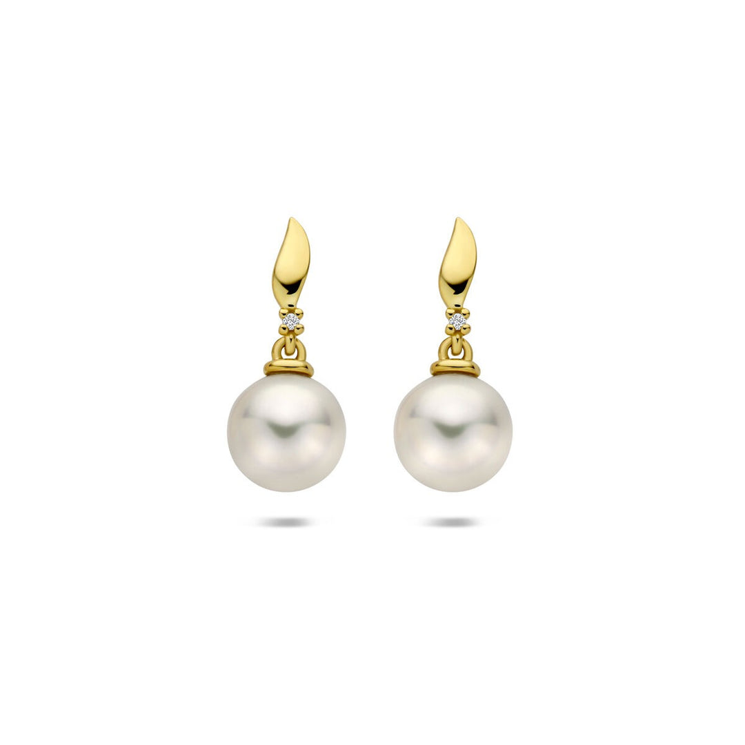 Gouden oorhangers met diamant en parel – 14k geelgoud