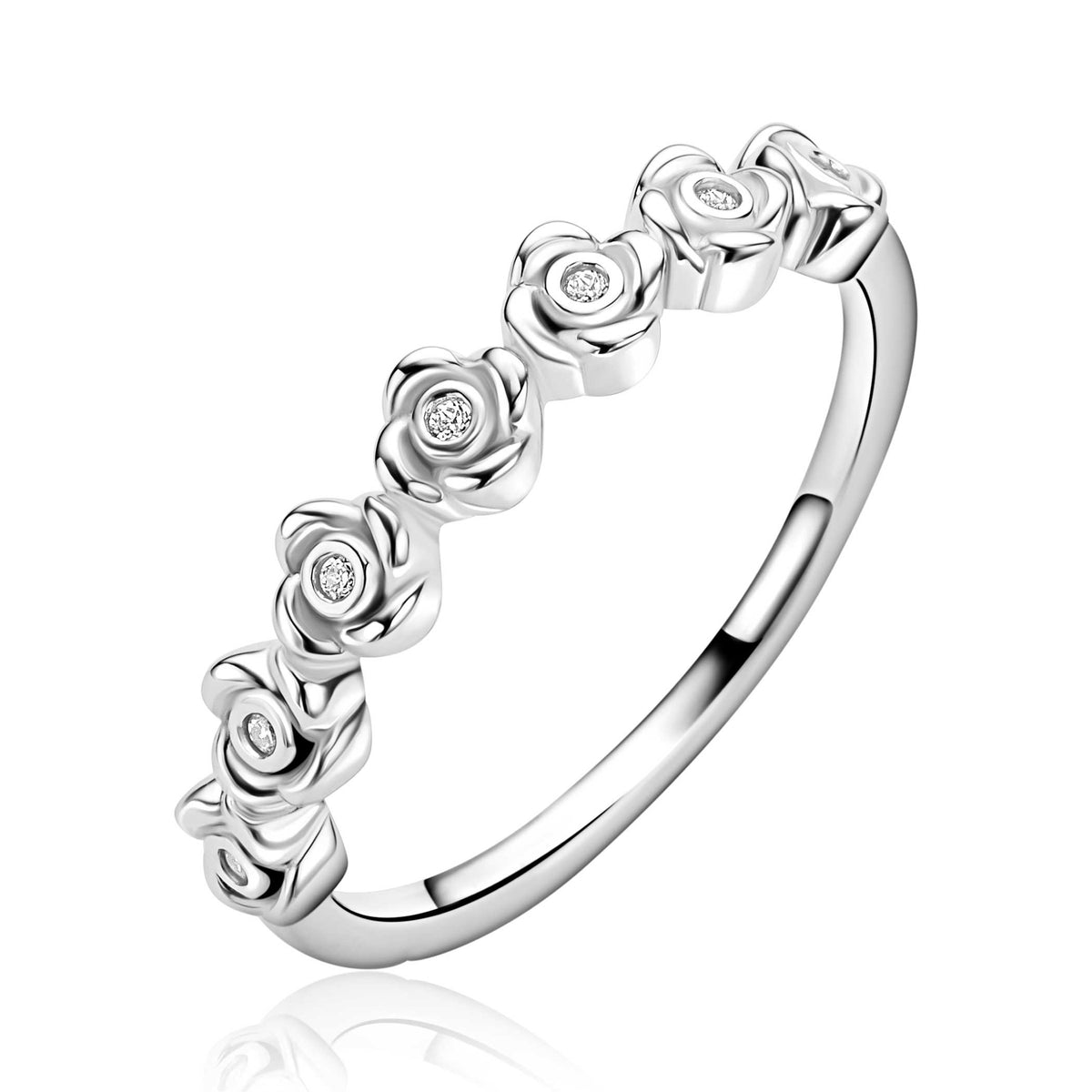 Anillo de plata con flores y circonitas brillantes.