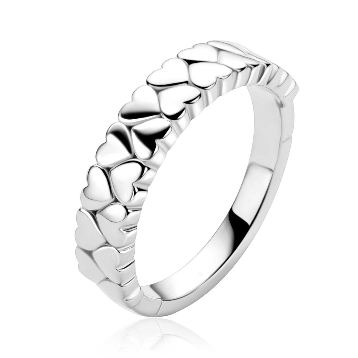 Zilveren ring met hartvormige details en zirkonia's.