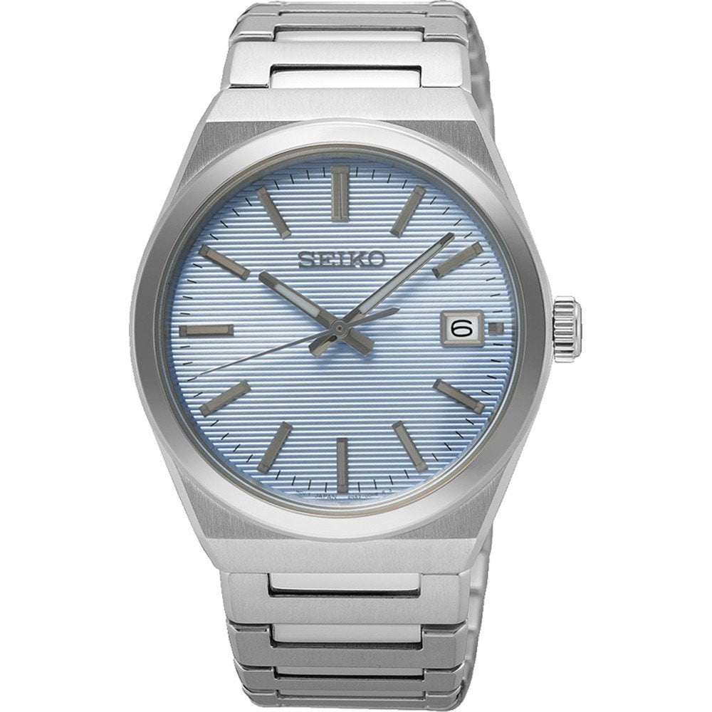 Reloj de hombre Seiko con esfera azul clara, caja y pulsera de acero inoxidable, y fecha a las 3.