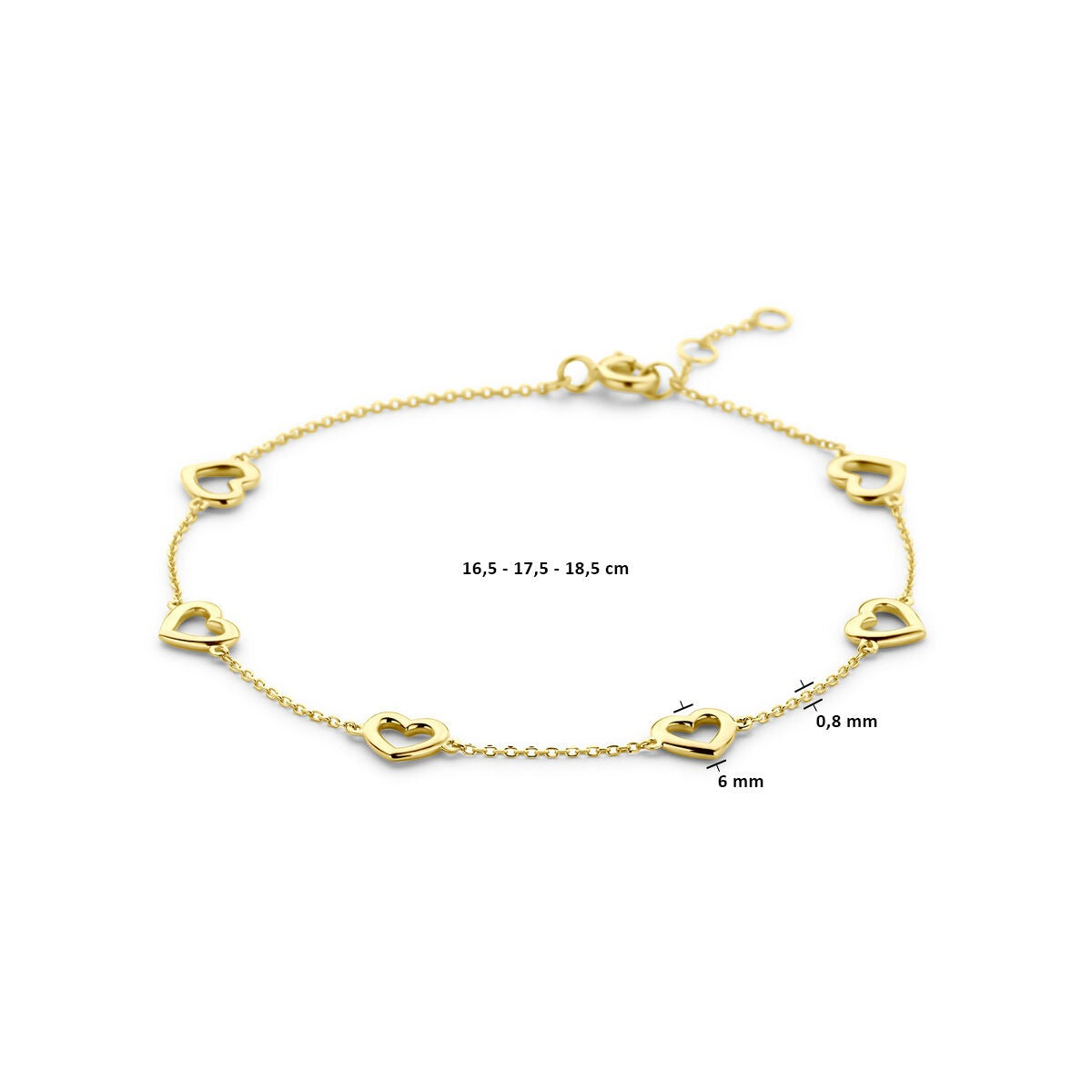 Pulsera de oro amarillo con corazones - Ajustable