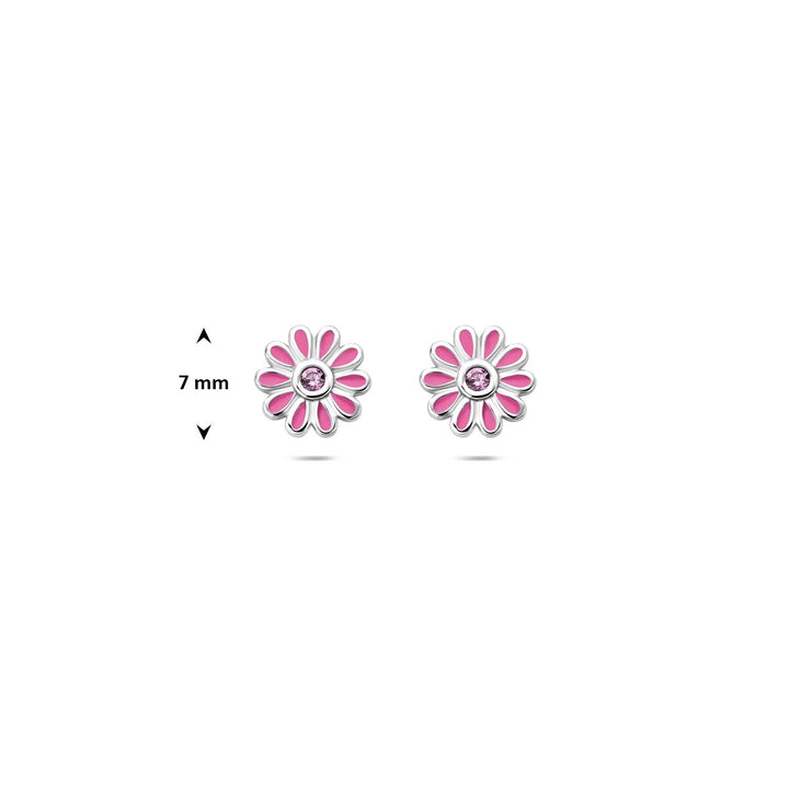 Zilveren oorknopjes bloem met roze zirkonia – gerhodineerd