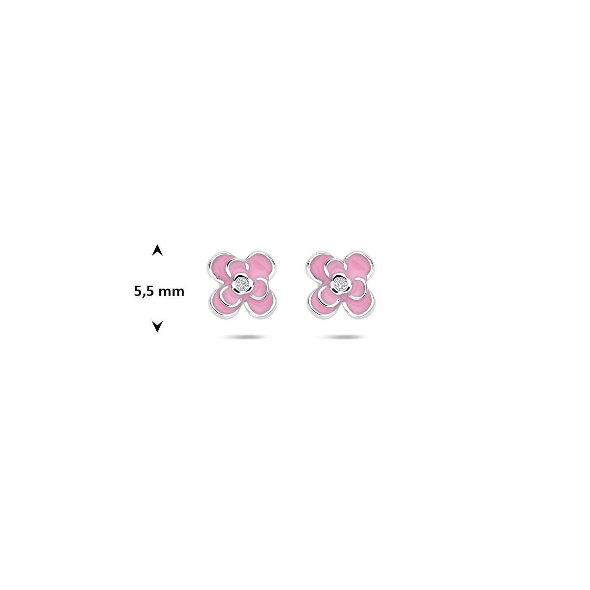 Pendientes de botón de plata con circonitas y esmalte rosa - diseño de flor