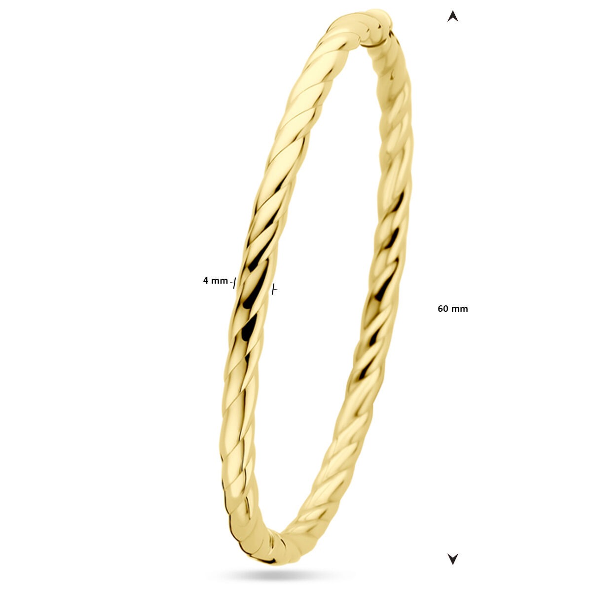 bangle de oro amarillo de 14k con tubo retorcido – 4 mm de ancho, diámetro 60 mm