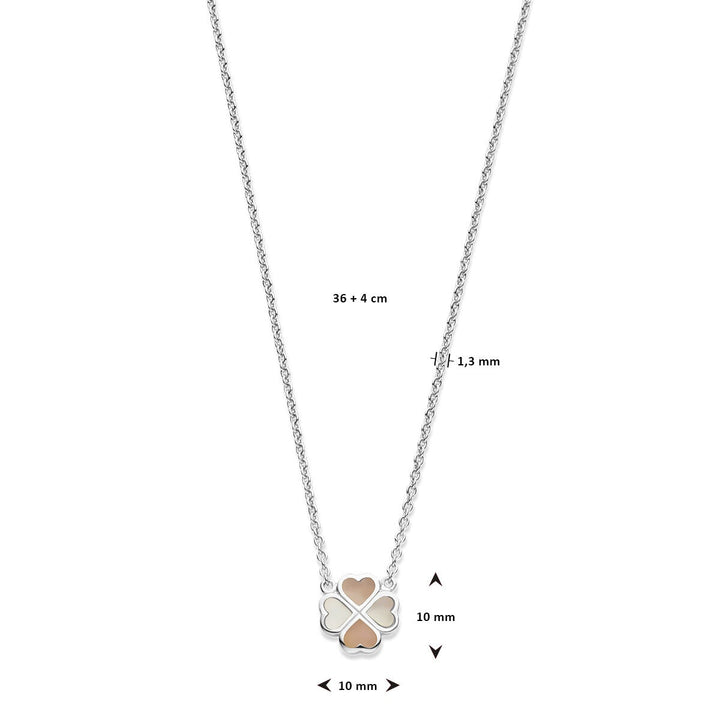 Zilveren kinderketting met klaverhanger – gerhodineerd met roze en wit parelmoer