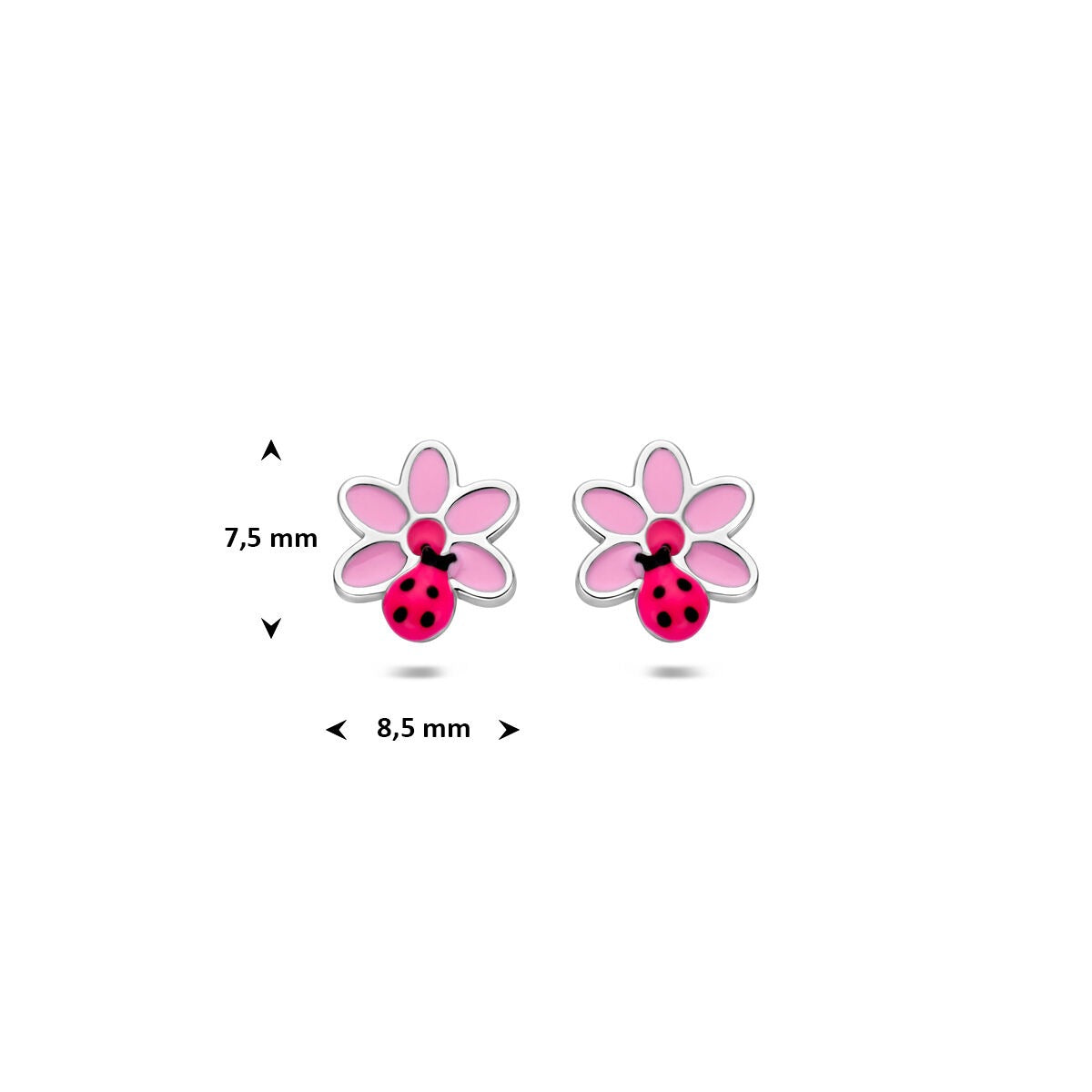 Pendientes infantiles de plata 925 rodiados con flor y mariquita