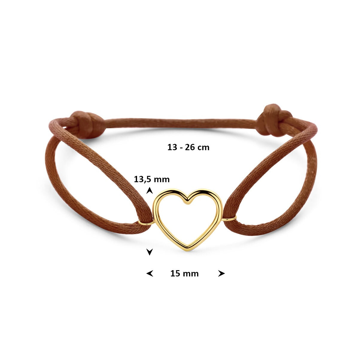 Pulsera de mujer de satén marrón con corazón de oro amarillo de 14k – Un gesto elegante de amor en tonos cálidos