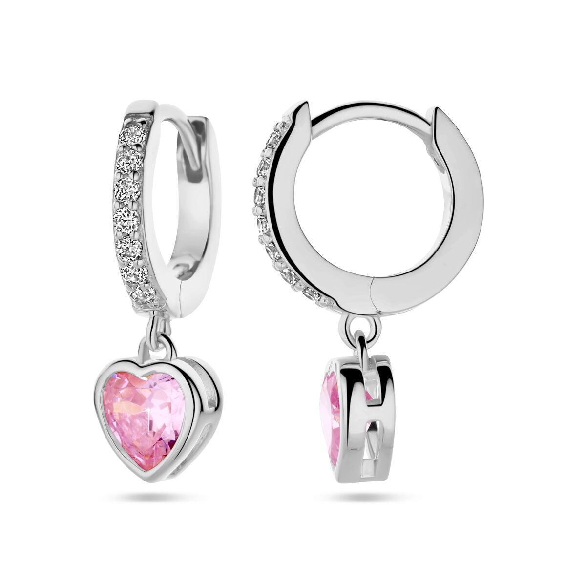 Aros de plata rodiada con circonita rosa en forma de corazón