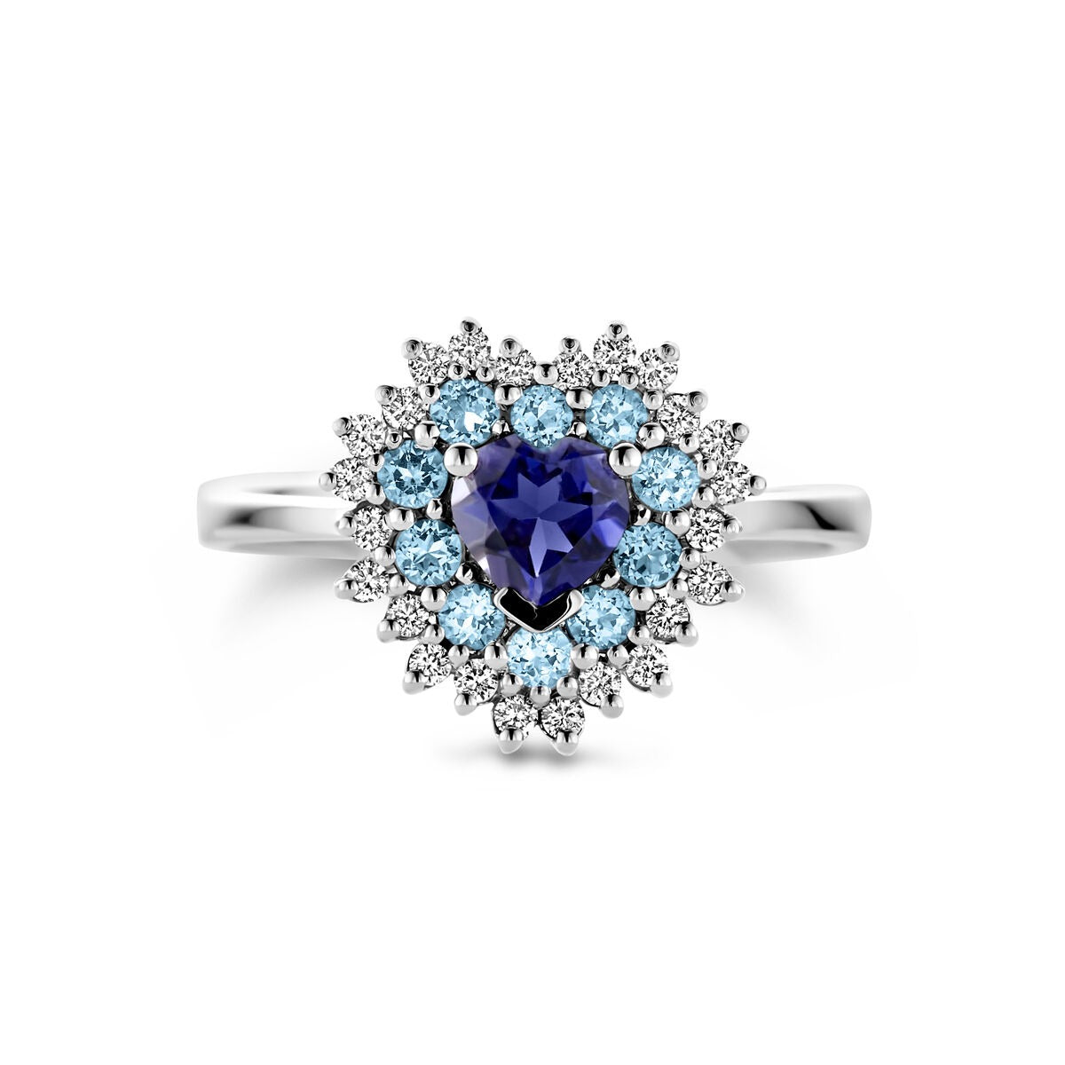 Anillo de oro blanco con forma de corazón – topacio London blue, iolita y diamante