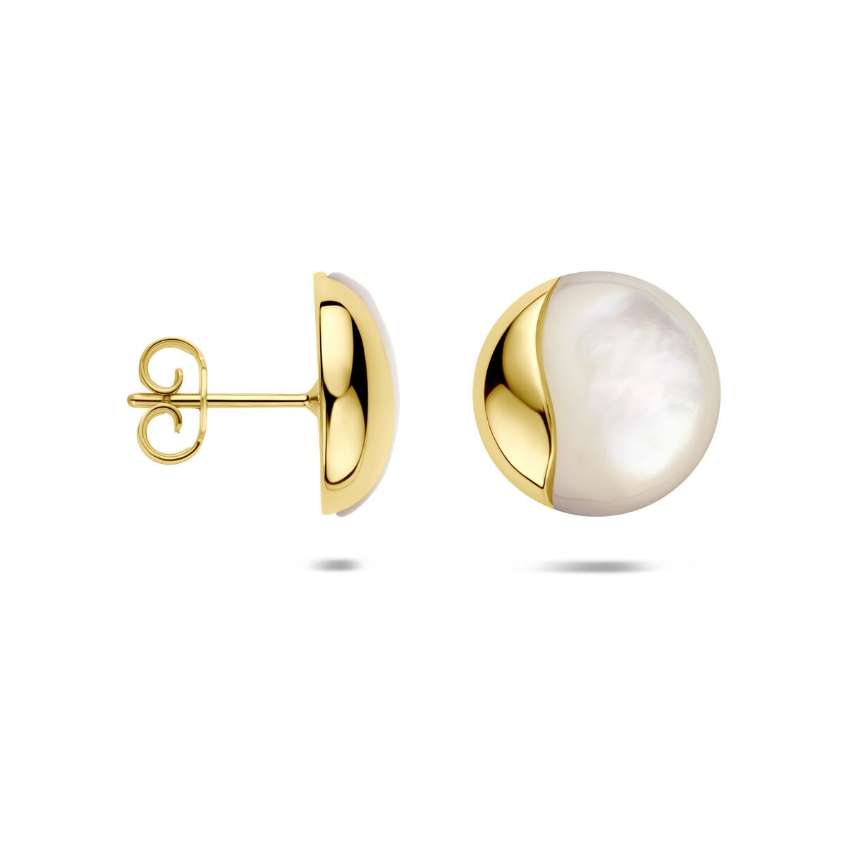pendientes de botón de oro amarillo con nácar 14 mm