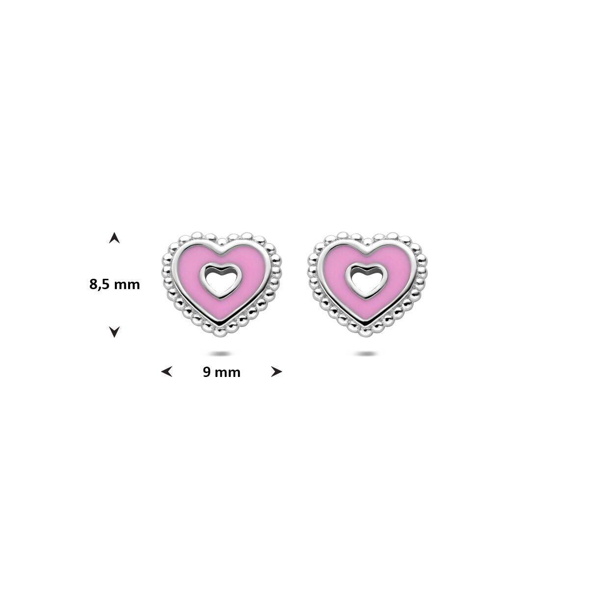 Pendientes de botón de plata en forma de corazón – joya infantil chapada en rodio 8,5 mm