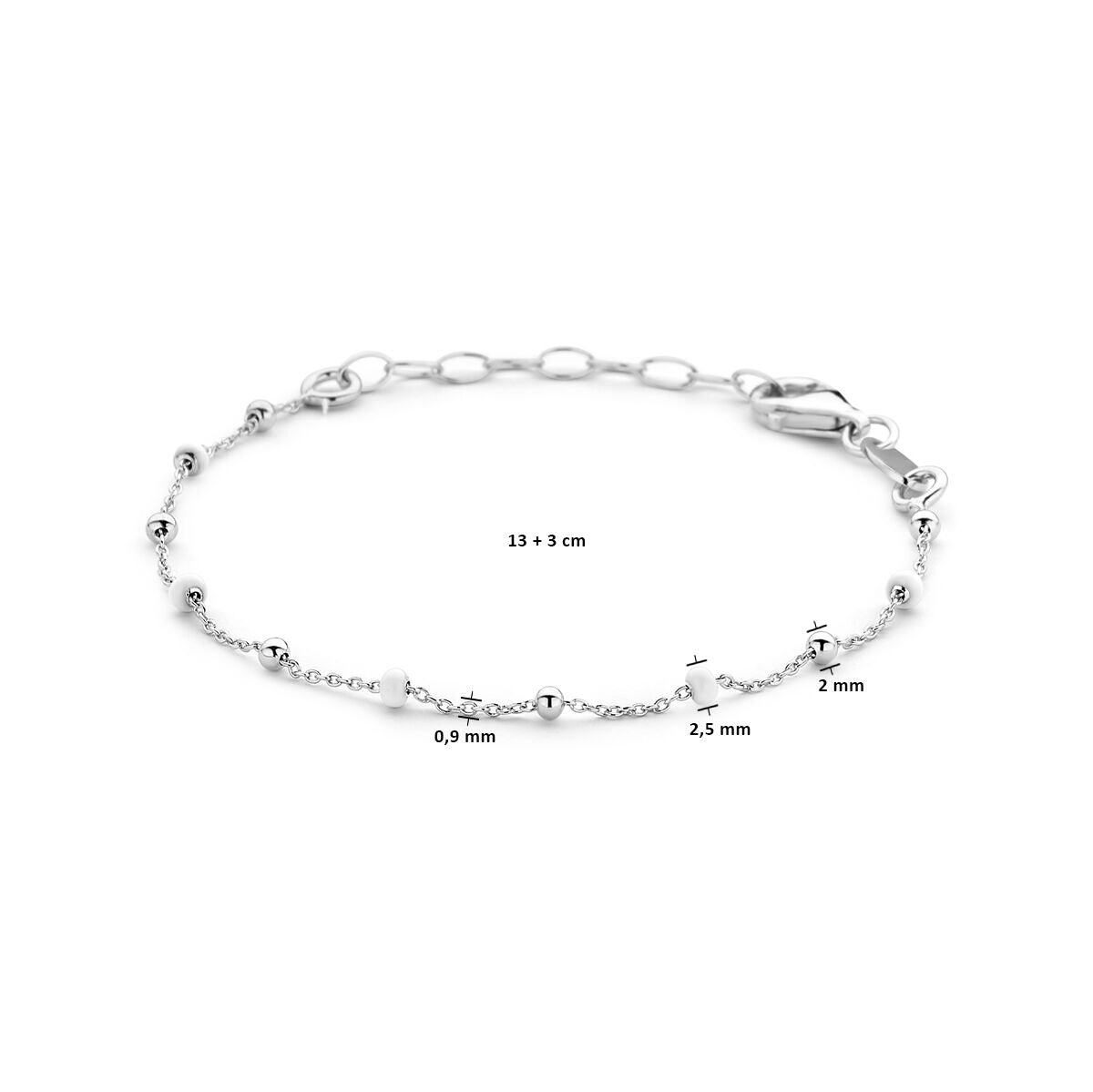 Pulsera infantil de plata rodiada con bolitas de esmalte blanco
