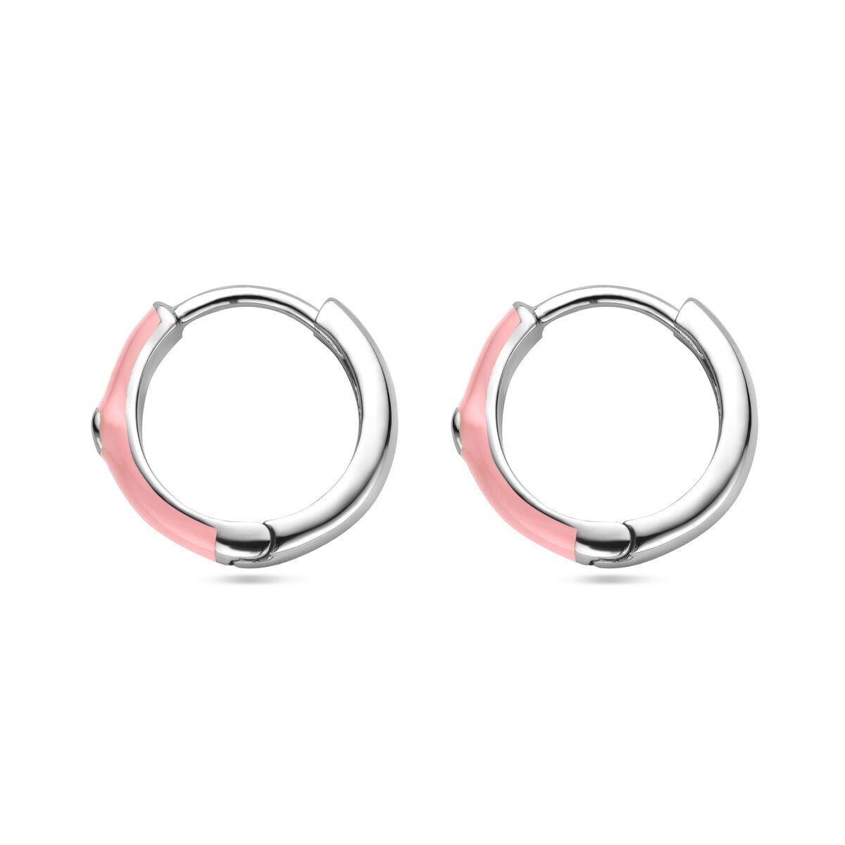 Pendientes de aro plateados con circonitas y esmalte rosa, rhodiados, de 15 mm.