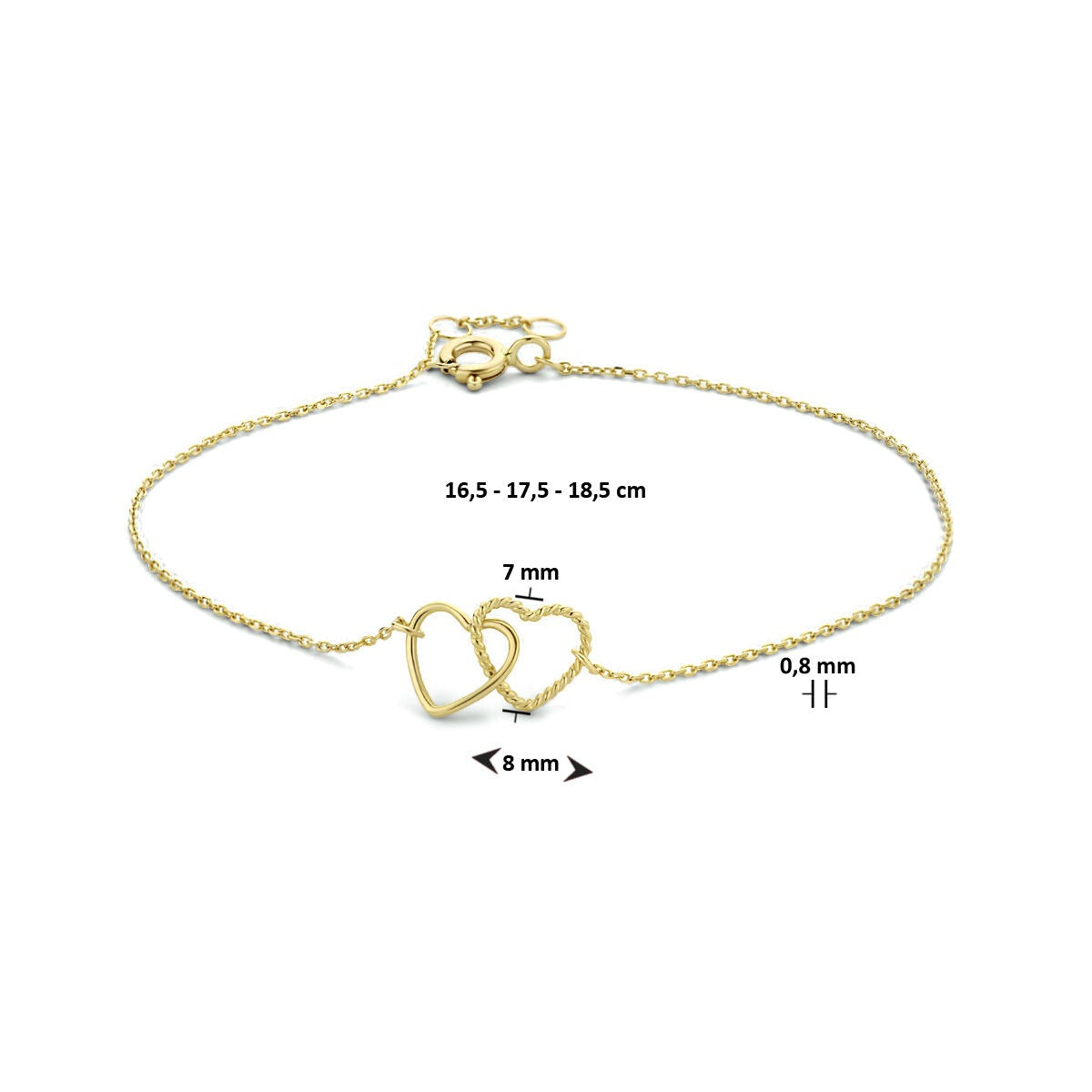 Pulsera de oro amarillo de 9k con dos corazones