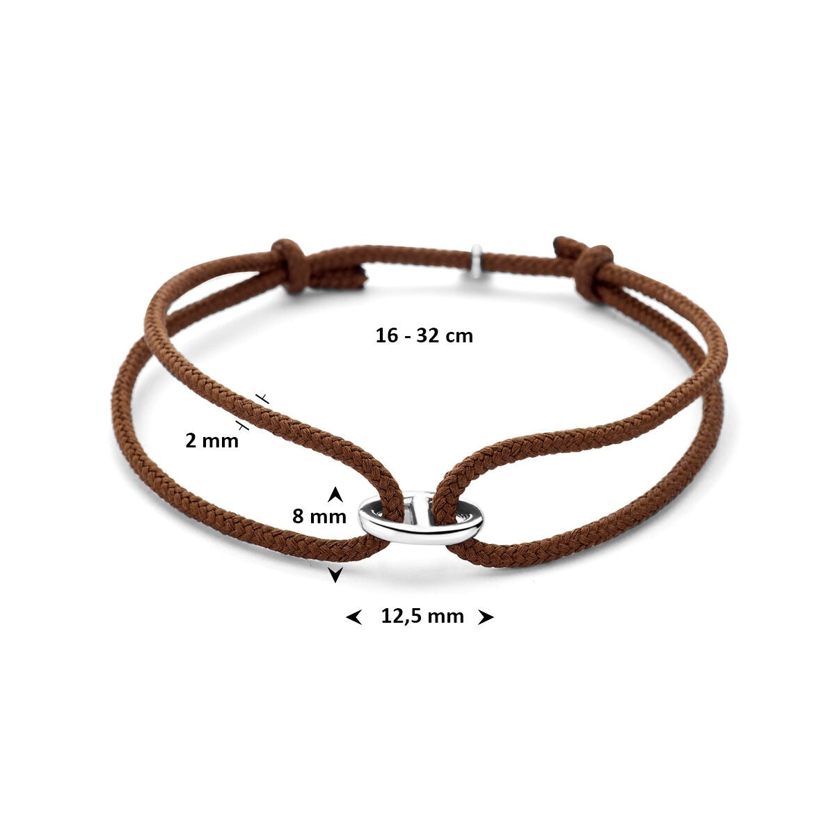 Pulsera de algodón marrón con eslabón de grano de café rodiado