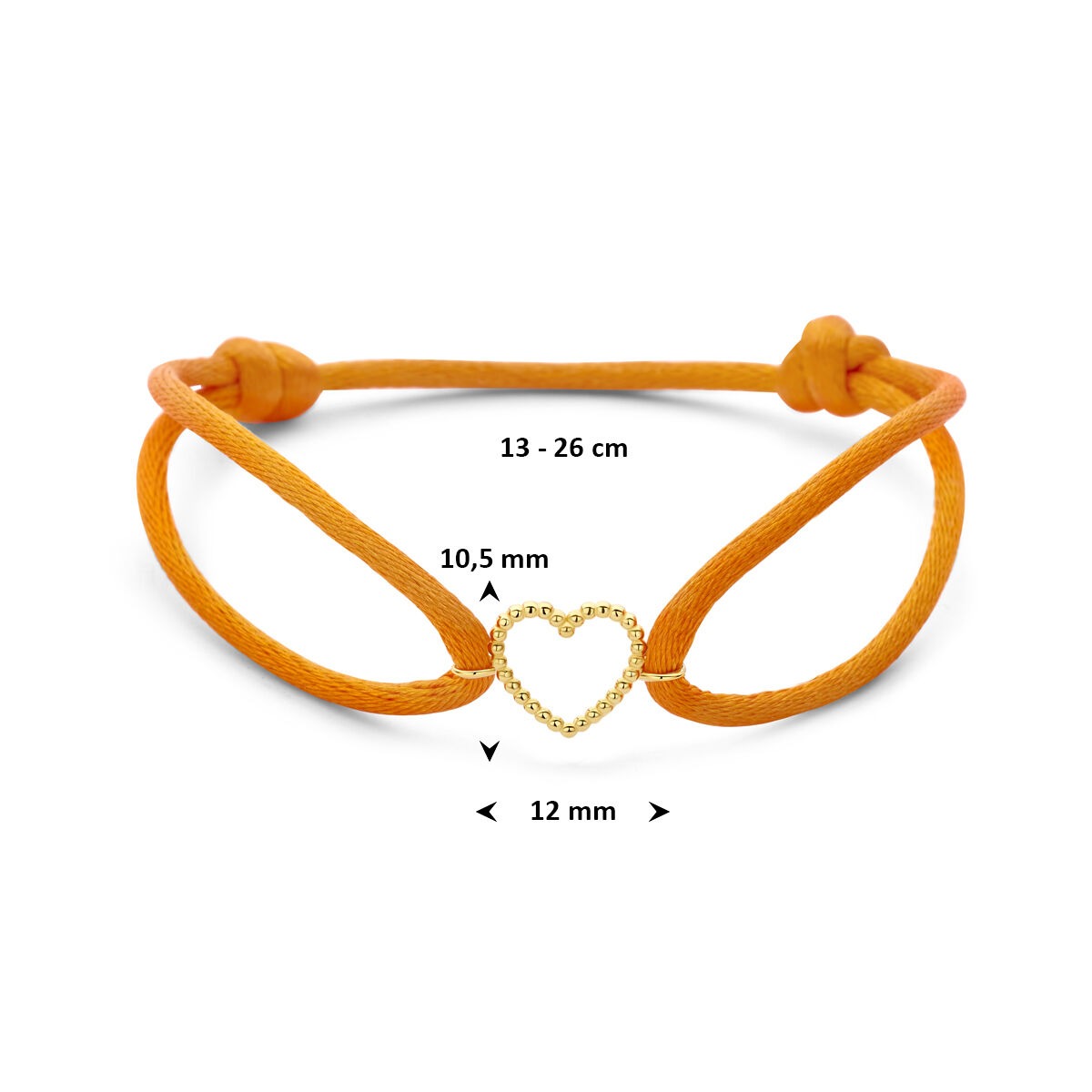 Pulsera de satén naranja de mujer con corazón de oro amarillo de 14k – Detalle amoroso con un toque juguetón