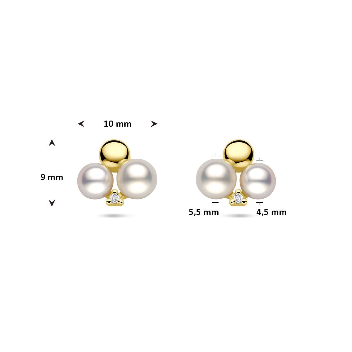 Pendientes de oro con perla y diamante – 14k pendientes de mujer 0.02ct (2x 0.01ct) h si 9 mm
